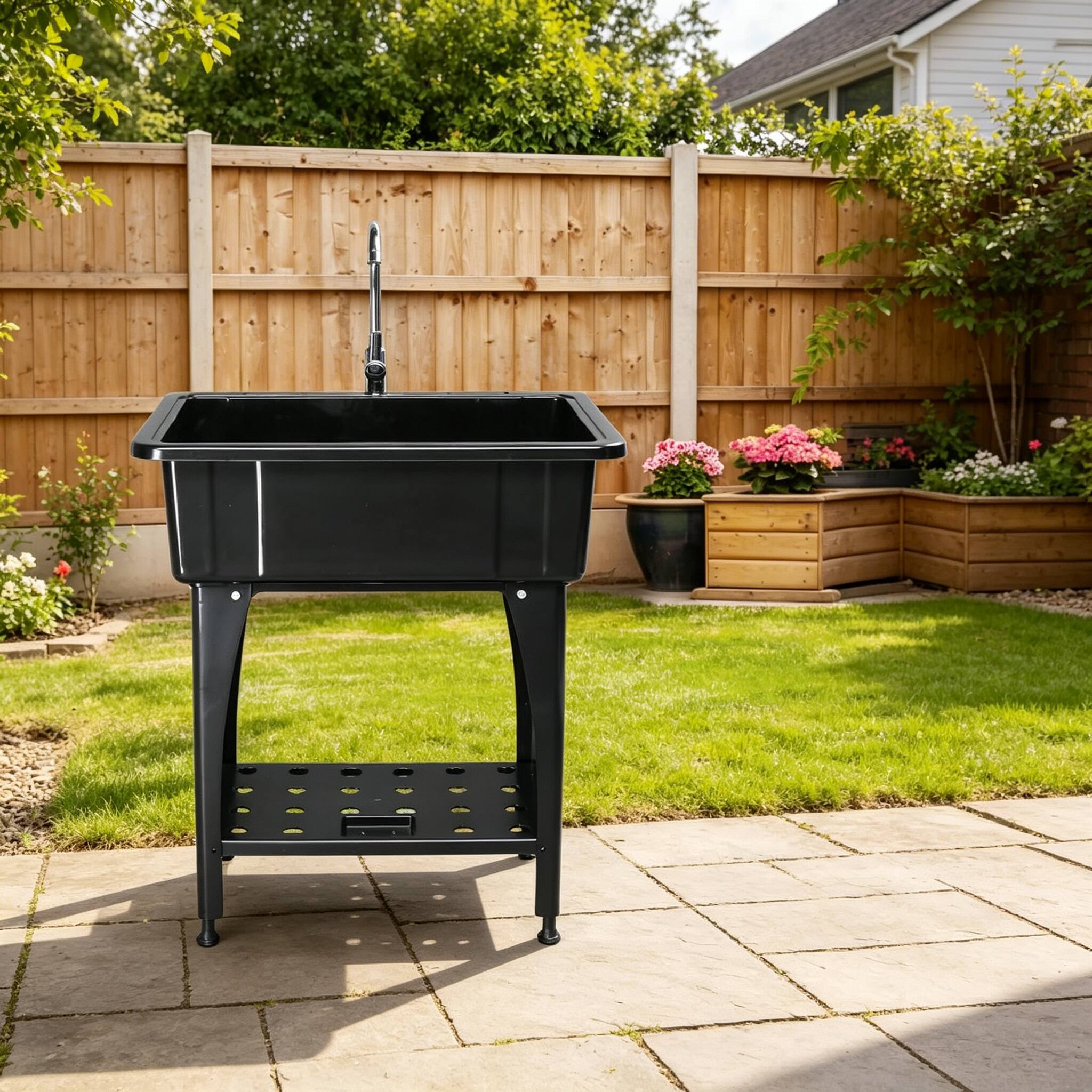Left. Winado - Plastic Utility Sink with Hot Cold Faucet for Soaking Clothes and Washing Pets in Basement and Utility Room Laundry Room - Black.