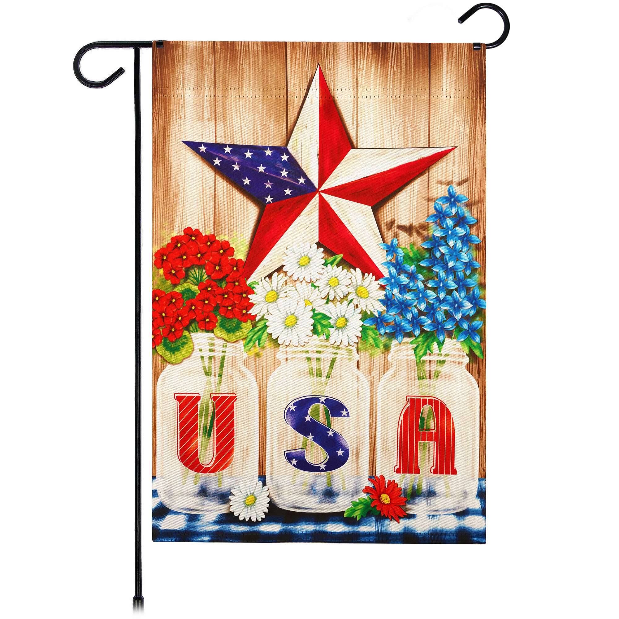 Front. G128 - USA Star Flowers Garden Flag 12x18 in Double-Sided Independence Day Yard Decoration. - Red, White, Blue.