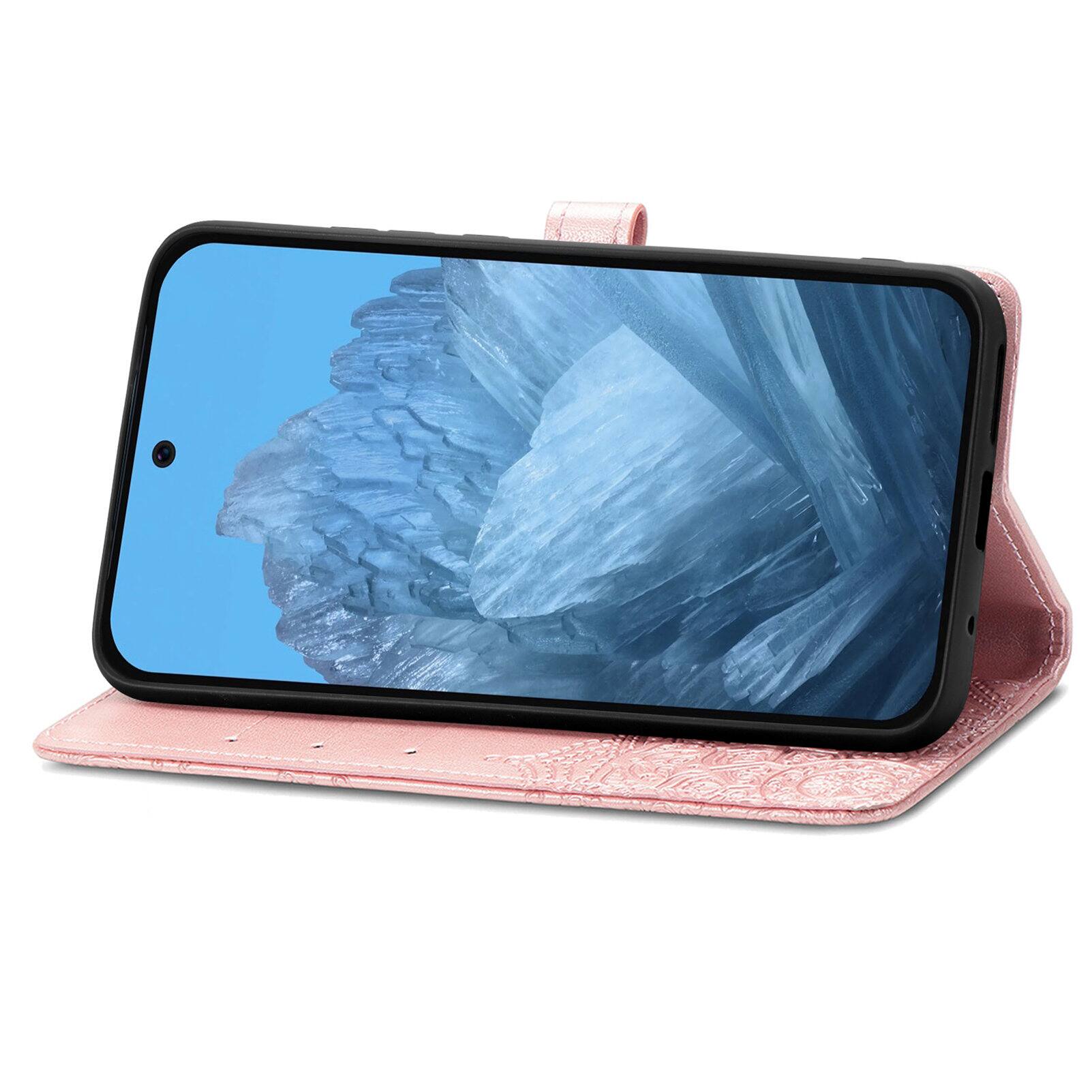 Angle. Dteck - Magnetic Embossed Case For Google Pixel 10 Pro/10, Shockproof Card Slots Stand PU Leather Flip Protective Cover - Rosegold.