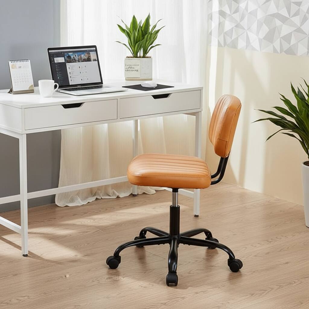 Alt View 2. AOITUN - Small Office Desk Chair with Wheels, Armless Compact Seat - Brown.
