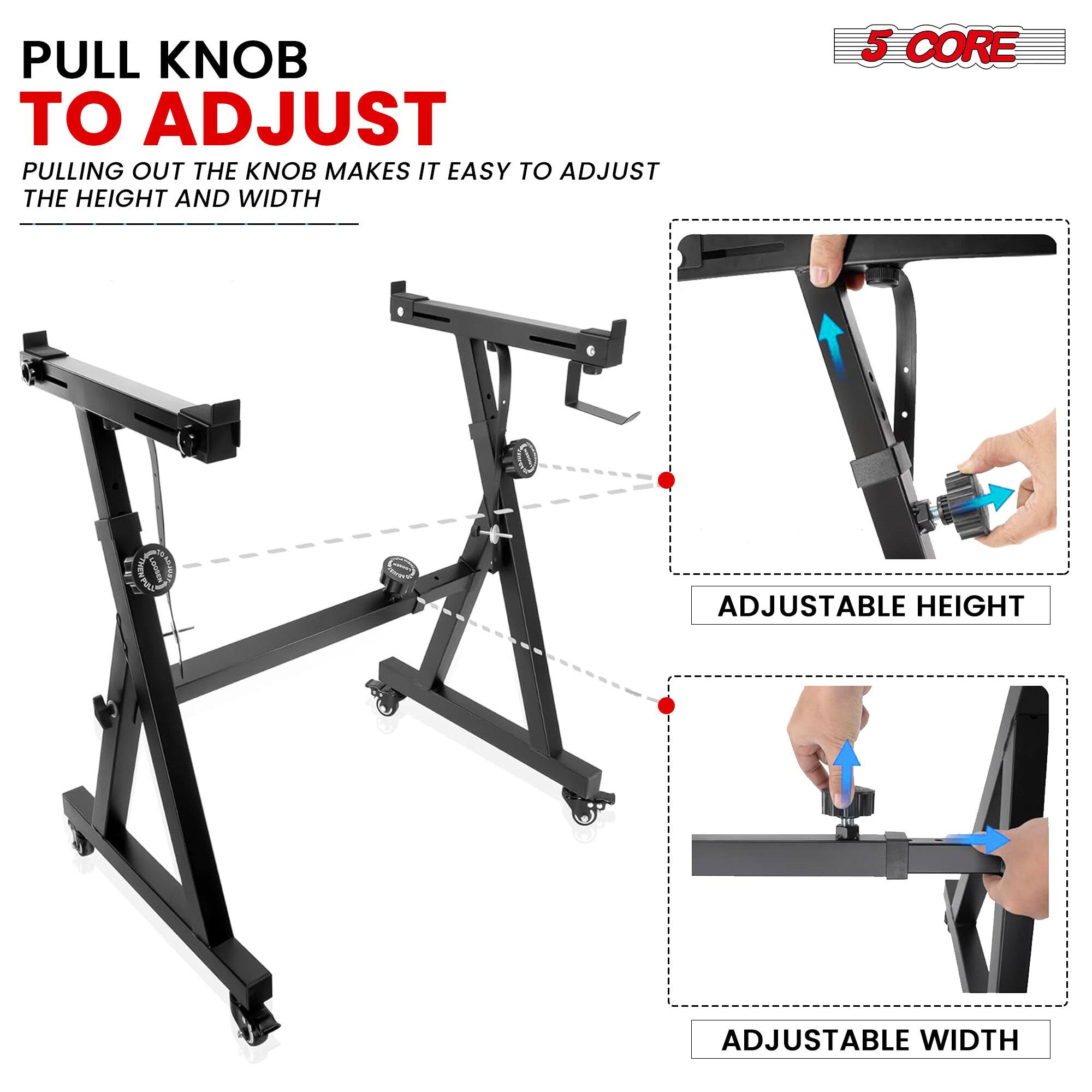 PULL KNOB TO ADJUST, PULLING OUT THE KNOB MAKES IT EASY TO ADJUST THE HEIGHT AND WIDTH, 5 CORE, ADJUSTABLE HEIGHT, ADJUSTABLE WIDTH