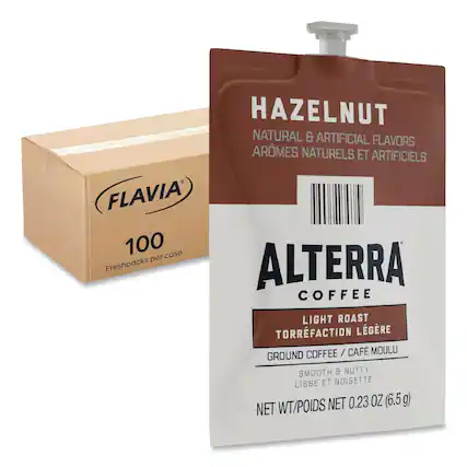 HAZELNUT
NATURAL & ARTIFICIAL FLAVORS
ARÔMES NATURELS ET ARTIFICIELS
FLAVIA
100 Freshpacks per case
ALTERRA COFFEE
LIGHT ROAST
TORREFACTION LÉGÈRE
GROUND COFFEE / CAFÉ MOULU
SMOOTH & NUTTY
LISSE ET NOISETTE
NET WT/POIDS NET 0.23 OZ (6.5 g)
