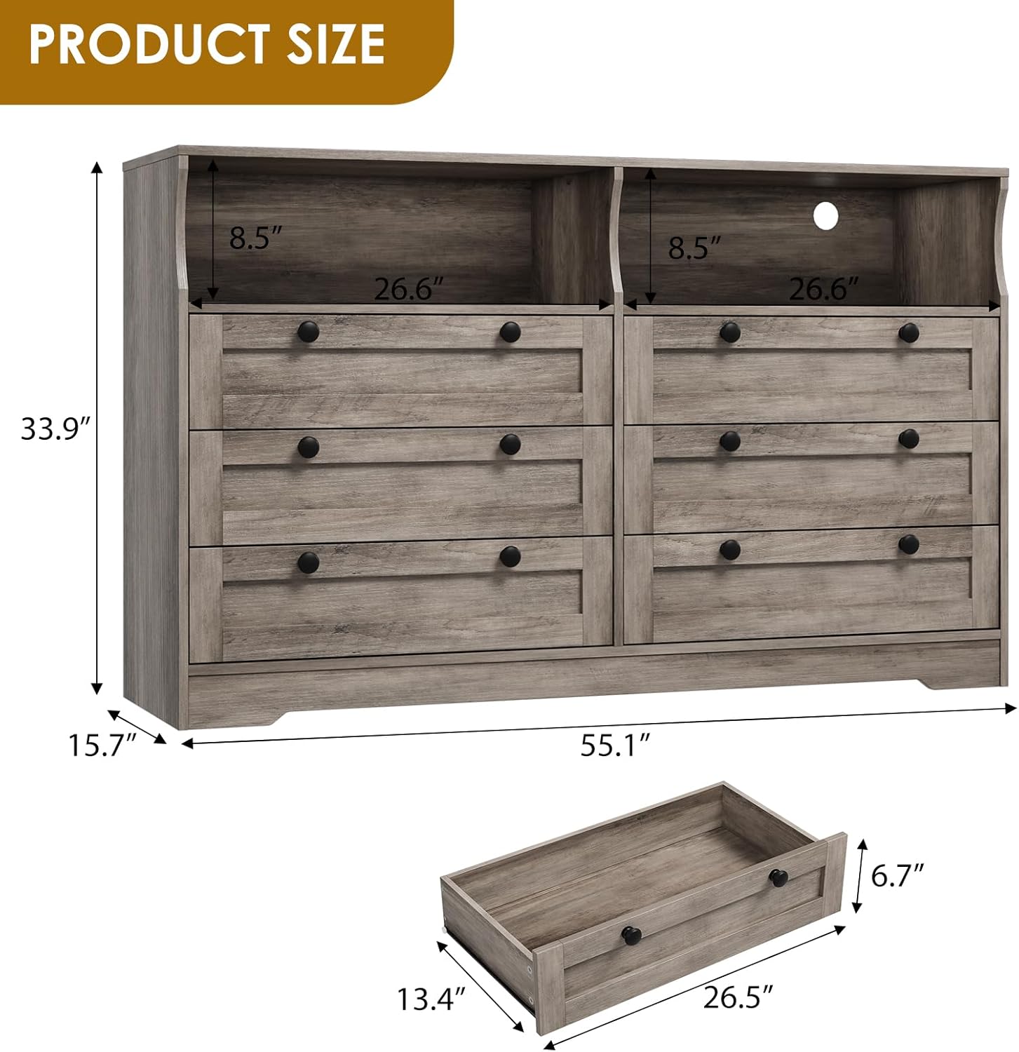 PRODUCT SIZE

- Height: 33.9"
- Width: 55.1"
- Depth: 15.7"
- Drawer Height: 8.5"
- Drawer Width: 26.6"
- Drawer Depth: 13.4"
- Bottom Drawer Height: 6.7"
- Bottom Drawer Width: 26.5"