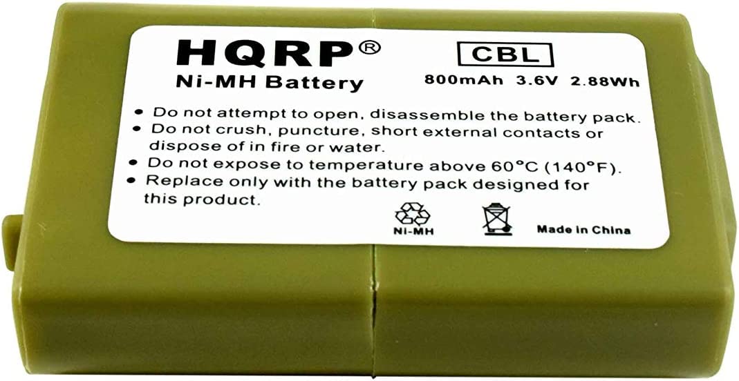 HQRP CBL Ni-MH Battery 800mAh 3.6V 2.88Wh

Do not attempt to open, disassemble the battery pack. Do not crush, puncture, short external contacts or dispose of in fire or water. Do not expose to temperature above 60°C (140°F). Replace only with the battery pack designed for this product.

NI-MH Made in China