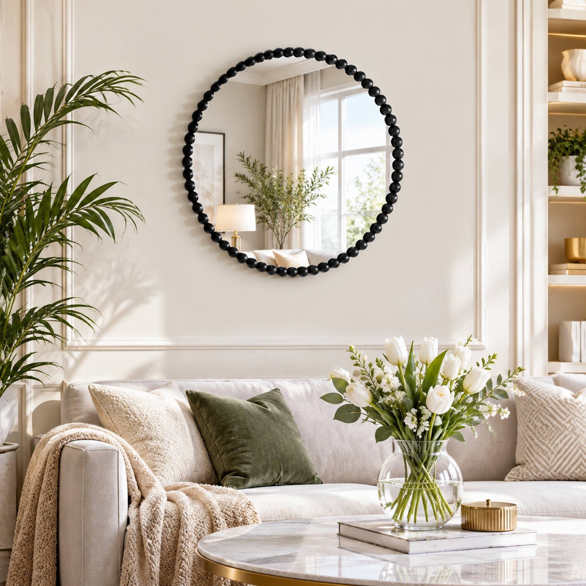 Back. RYHNUYNE - 32 in Round Wall Mirror, Iron Beaded Frame, Black Finish, 29 in Glass, Living Room and Bedroom Decor - Black.