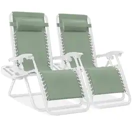 Best Choice Products - Set of 2 Zero Gravity Lounge Chair Recliners for Patio, Pool w/ Cup Holder Tray - Sage Green/White