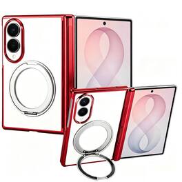 Dteck - Electroplated Frame Case for Samsung Galaxy Z Fold8 with Kickstand, Magnetic Clear Rigid Plastic Hinge Protection Cover - Red