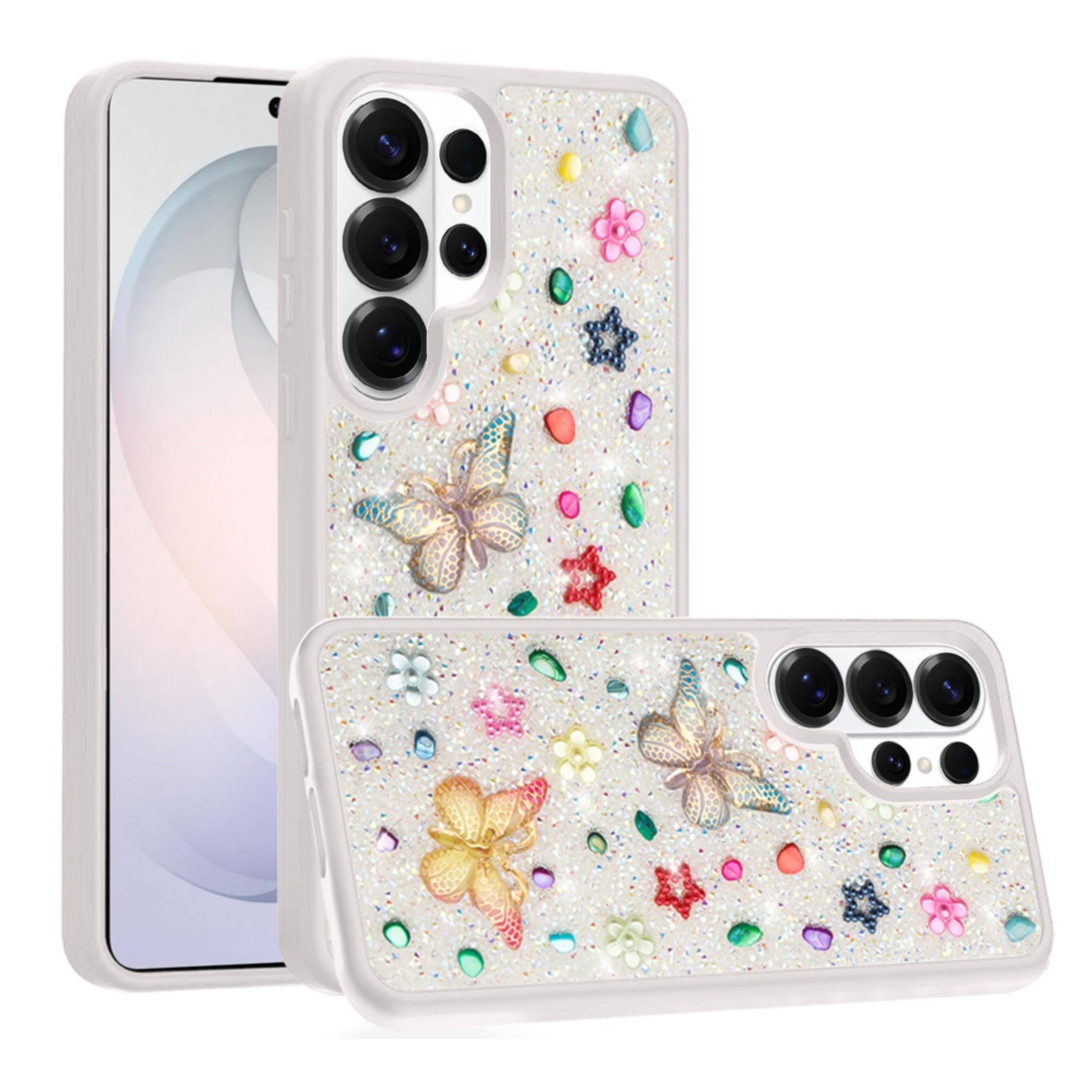 Angle. Kitcheniva - Butterfly 3D Jewel Glitter Phone Case With Tempered Glass For Samsung Galaxy S26 Ultra White - White.