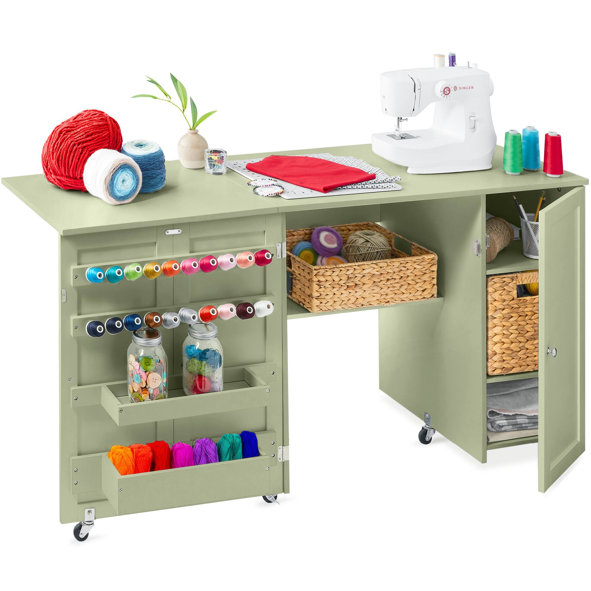 Front. Best Choice Products - Best Choice Products Large Portable Multipurpose Folding Sewing Table w/ Magnetic Doors, Craft Storage - Light Green - Light Green.