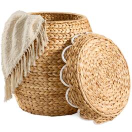 Best Choice Products - Scalloped Water Hyacinth Storage Tote Basketwith Lid - Natural with White Trim - Scallop, Natural/White