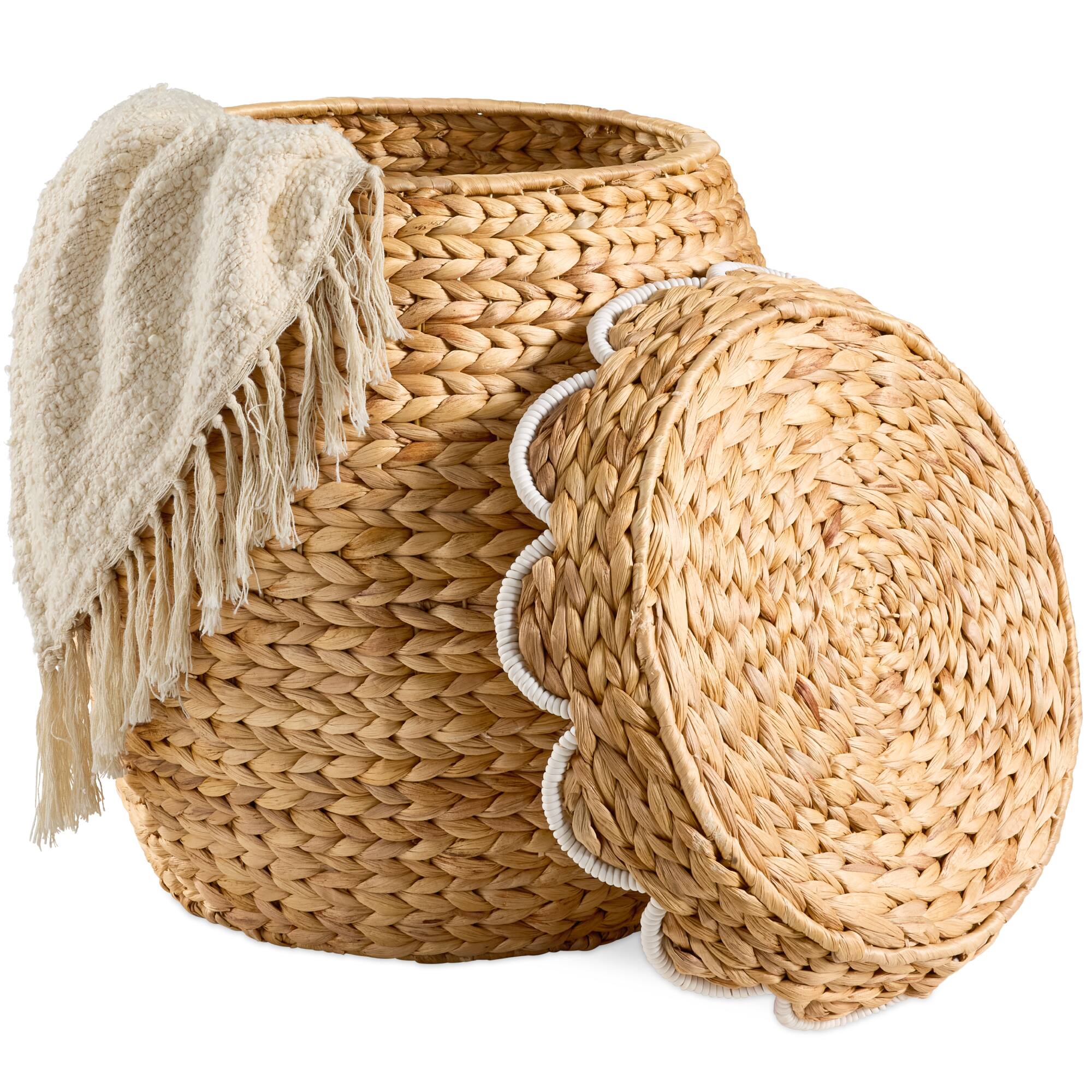 Front. Best Choice Products - Best Choice Products Scalloped Water Hyacinth Storage Tote Basketwith Lid - Natural with White Trim - Scallop, Natural/White.