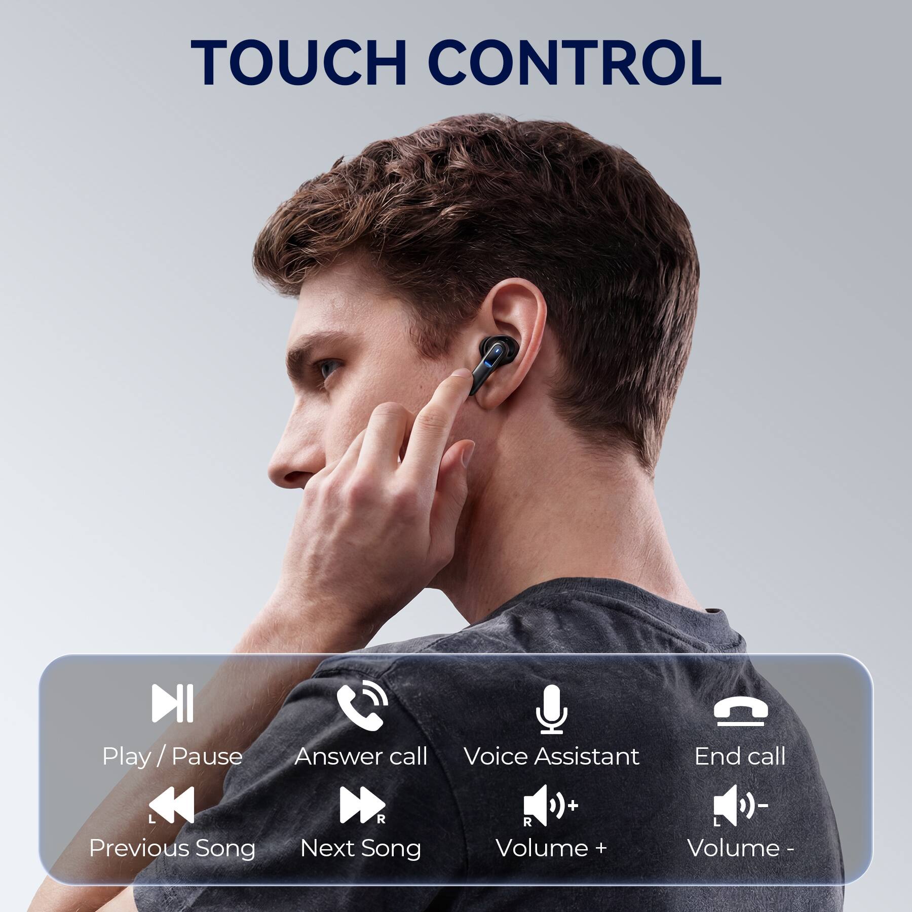TOUCH CONTROL

- Play / Pause
- Answer call
- Voice Assistant
- End call
- Previous Song
- Next Song
- Volume +
- Volume -