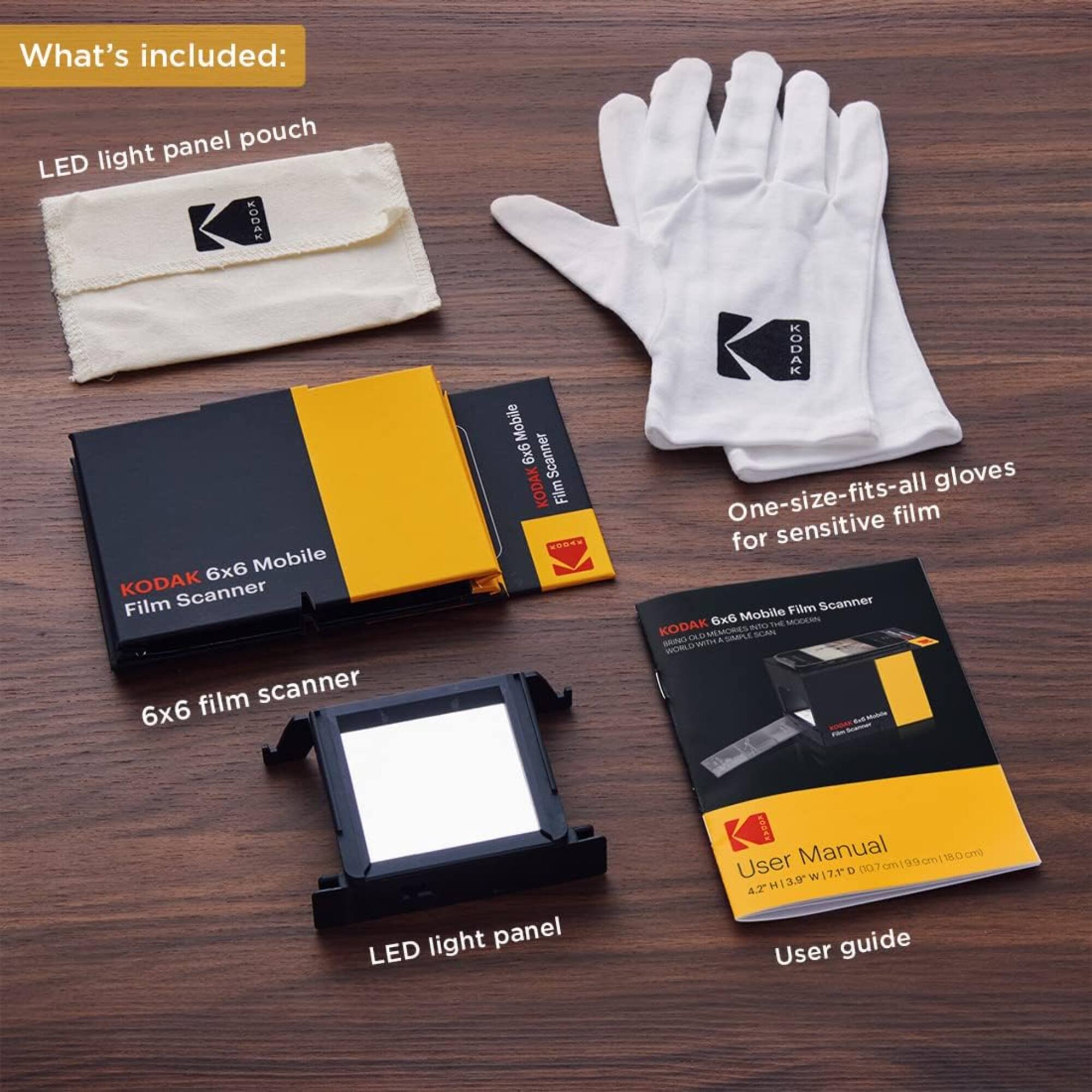 What's included:

- LED light panel pouch
- 6x6 film scanner
- One-size-fits-all gloves for sensitive film
- User guide
- User Manual
