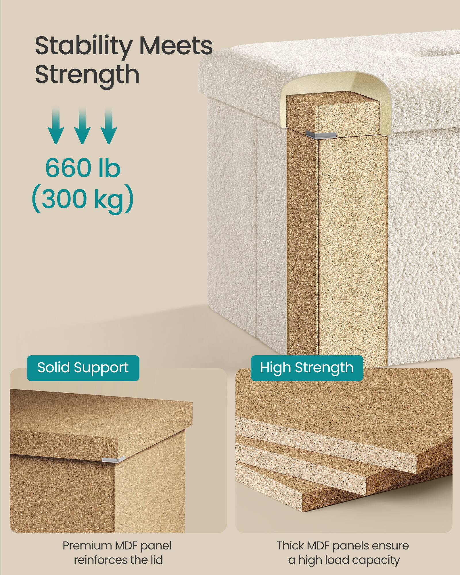 Stability Meets Strength

660 lb (300 kg)

Solid Support  
Premium MDF panel reinforces the lid

High Strength  
Thick MDF panels ensure a high load capacity