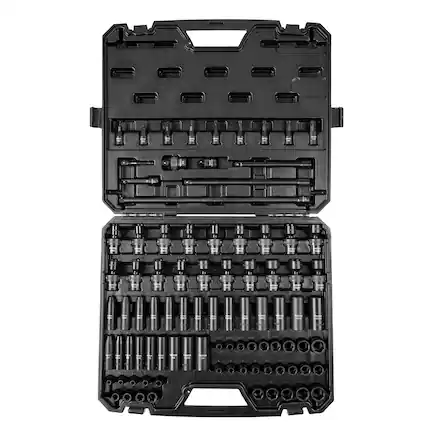 Front. VEVOR - 3/8" Drive Impact Socket Set, SAE 1/4"-3/4" and Metric 6-19mm 90 Piece Socket Set, 6 Point Cr-Mo Alloy Steel - Black.