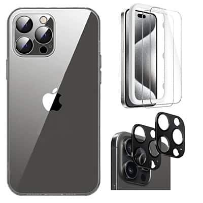 SaharaCase - Hybrid-Flex Hard Shell Case, Tempered Glass Screen, Camera Protector for iPhone 15 Pro Max - Clear
