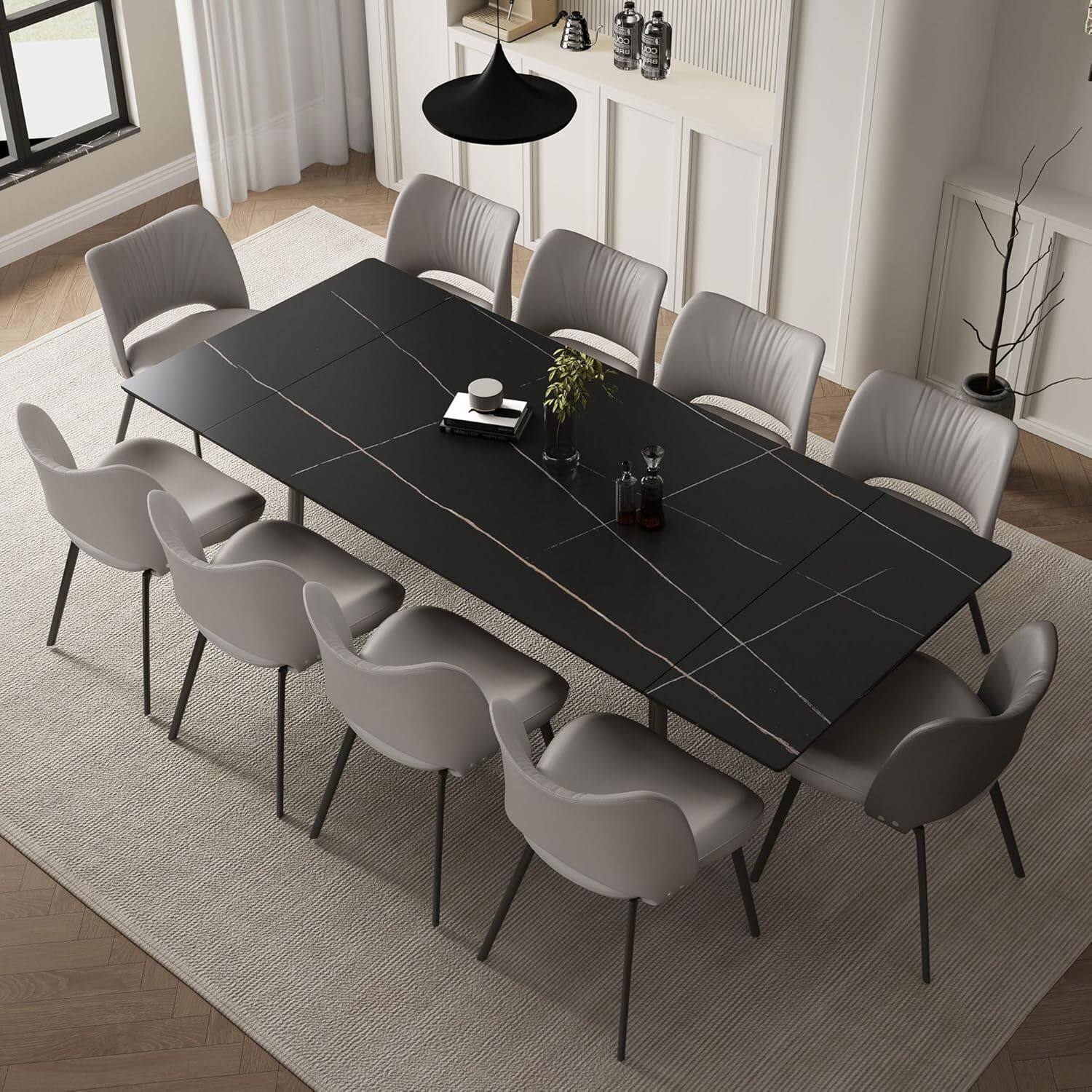 Front. luck idea - Extendable Sintered Stone Dining Table 62.9"-94.4" Heat Scratch Resistant Black Rock Slate Metal Leg Kitchen Table - black.