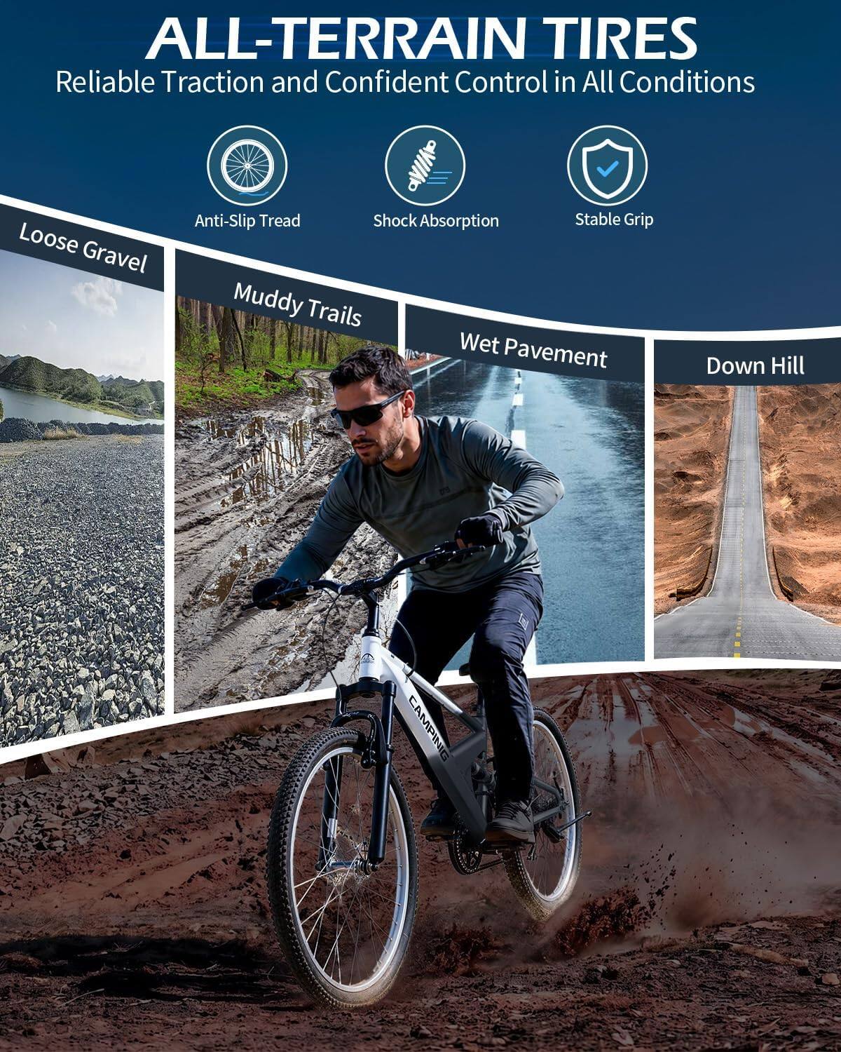 ALL-TERRAIN TIRES  
Reliable Traction and Confident Control in All Conditions  

Anti-Slip Tread  
Shock Absorption  
Stable Grip  

Loose Gravel  
Muddy Trails  
Wet Pavement  
Down Hill