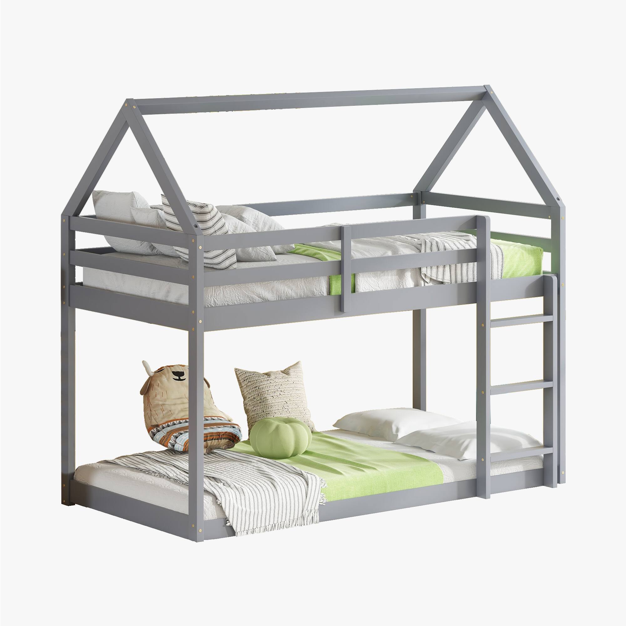 Angle. Spaco - Spaco Twin over Twin Bunk Bed with Ladder, Rubber Wood Floor, Guardrails, House-Shaped-Bunk Bed, for Bedroom Kids Room - Grey.