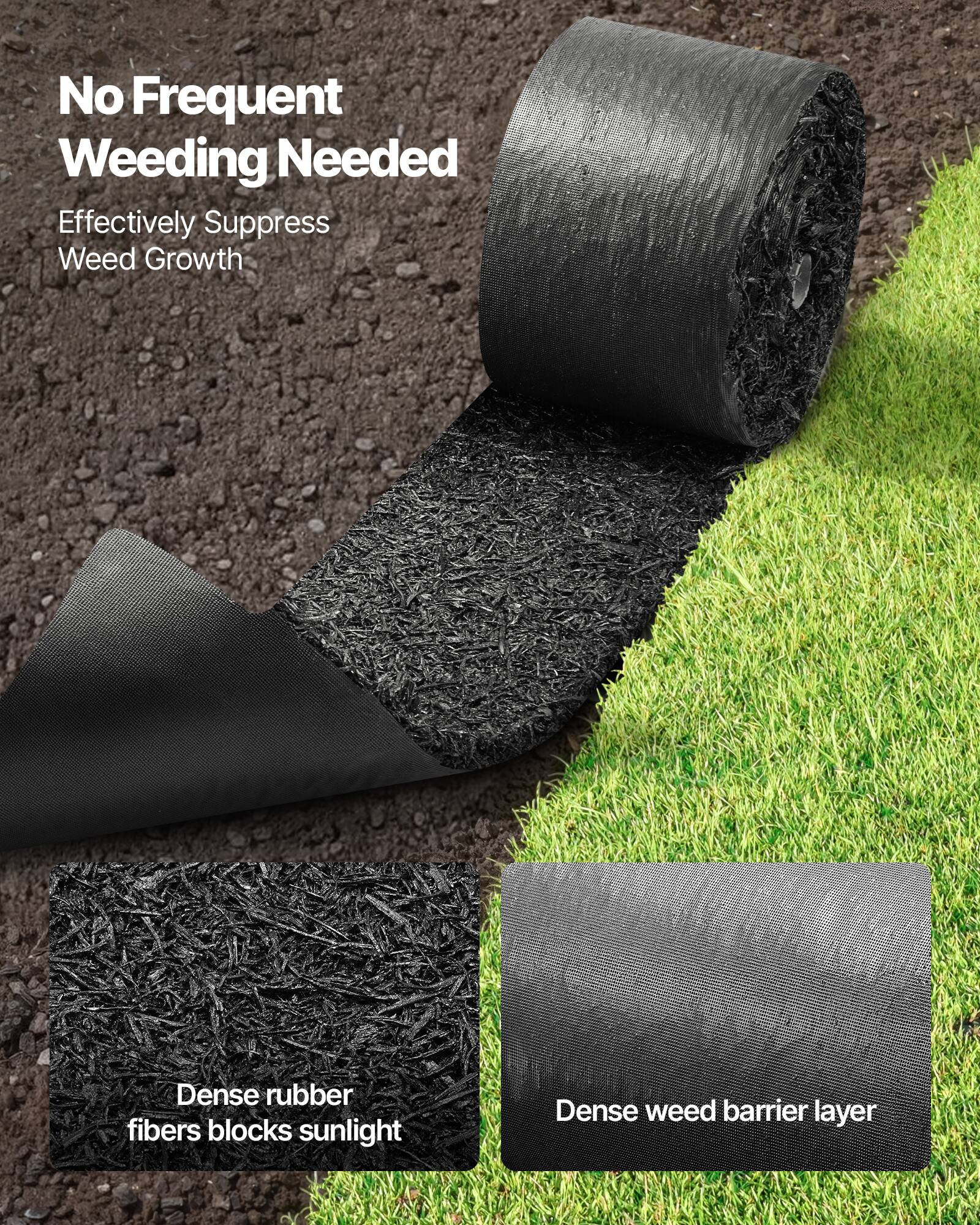 No Frequent Weeding Needed  
Effectively Suppress Weed Growth  

Dense rubber fibers block sunlight  
Dense weed barrier layer