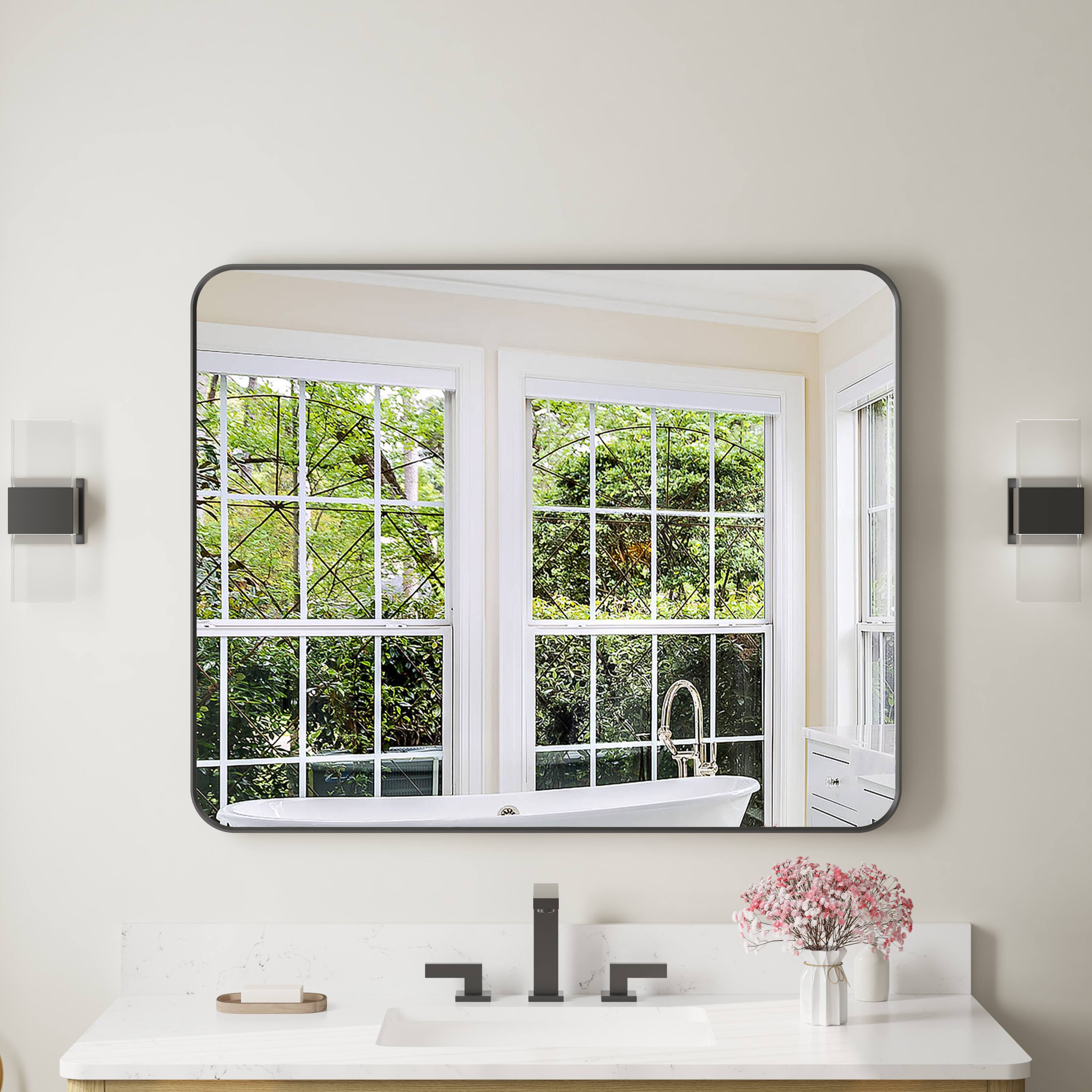 Left. WELLFOR - 40 in. W. x 32 in. H Rectangular Aluminum Framed Wall-Mounted Bathroom Vanity Mirror - Matte Black.