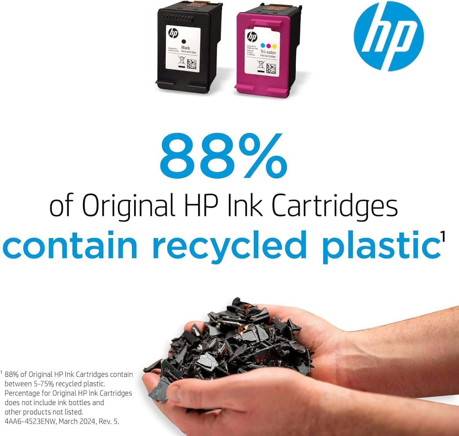 hp Black airao hp Tri-color ionarmaar hp

88% of Original HP Ink Cartridges contain recycled plastic

88% of HP Ink contain Original Cartridges between 5-75% recycled plastic. Percentage for Original HP Ink Cartridges does not include ink bottles and other products not listed.

4AA6-4523ENW, March 2024, Rev. 5.