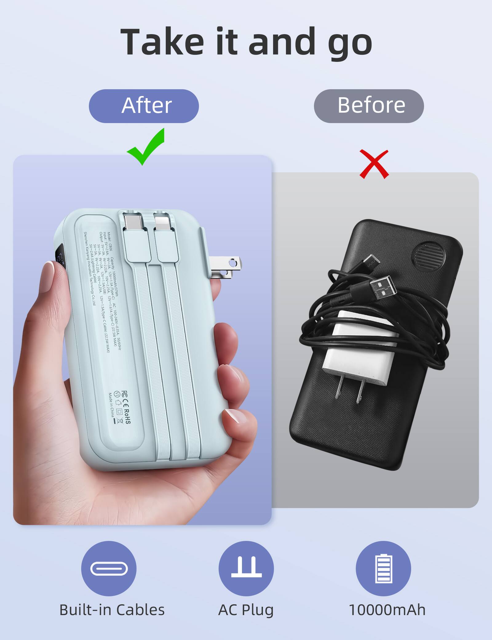 Take it and go

After
Before

X

Dieroten Outour INSUR: Mel 1 V   NV-14 SV-7&A 008's Xanying 6A inninvation Lightring W-223A W-2A www.a 9V-JA Capachy Cablet sov  Technology Cin,Lital >>>>> ca/usa) NACE/HYWOOODS 12V-15Actype:6 12V-1.67A AC Pype- 100-240V-035A Calori DRAW (22.5W MAX)  MAX)

Made  chine
RoHS
Built-in Cables
AC Plug
10000mAh