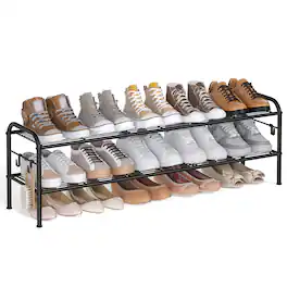 Songmics Home - Shoe Rack, 2-Tier Shoe Organizer, Metal Shoe Shelf Storage with 4 Side Hooks, Holds 12 Pairs of Shoes, Height-Adjustable - Ink Black