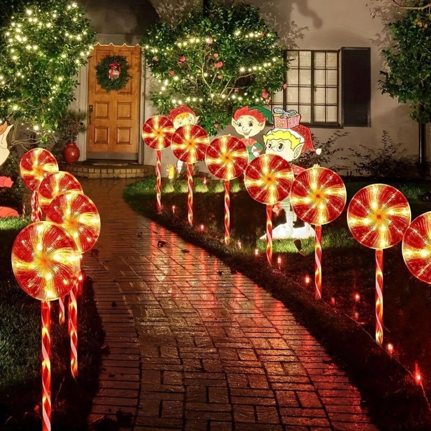 Angle. Stock Preferred - 5PC Solar Powered Candy Cane Stake Lights – Multi-Color Holiday Pathway Decor (Outdoor Christmas Yard Lighting).