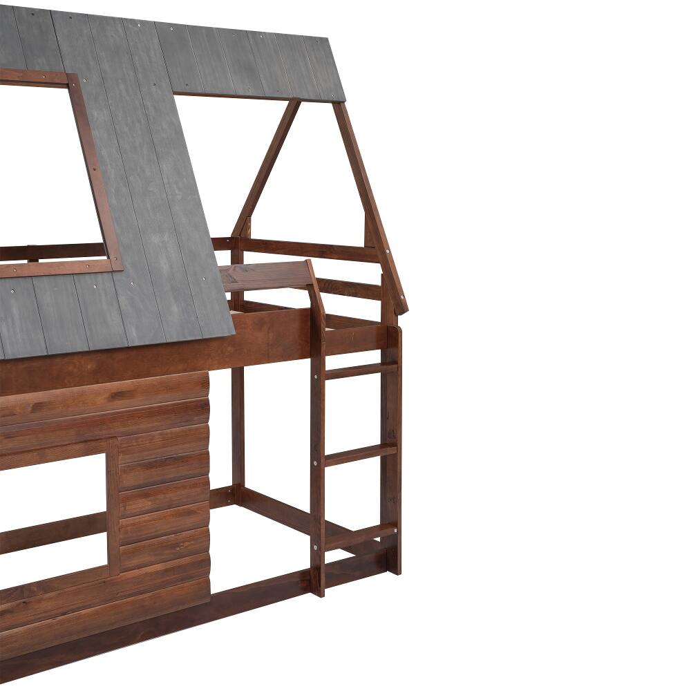 Alt View 8. Loheer - Loheer Wood Twin Over Twin House Bunk Bed with Roof and Windows Oak - Oak & Smoky Grey.