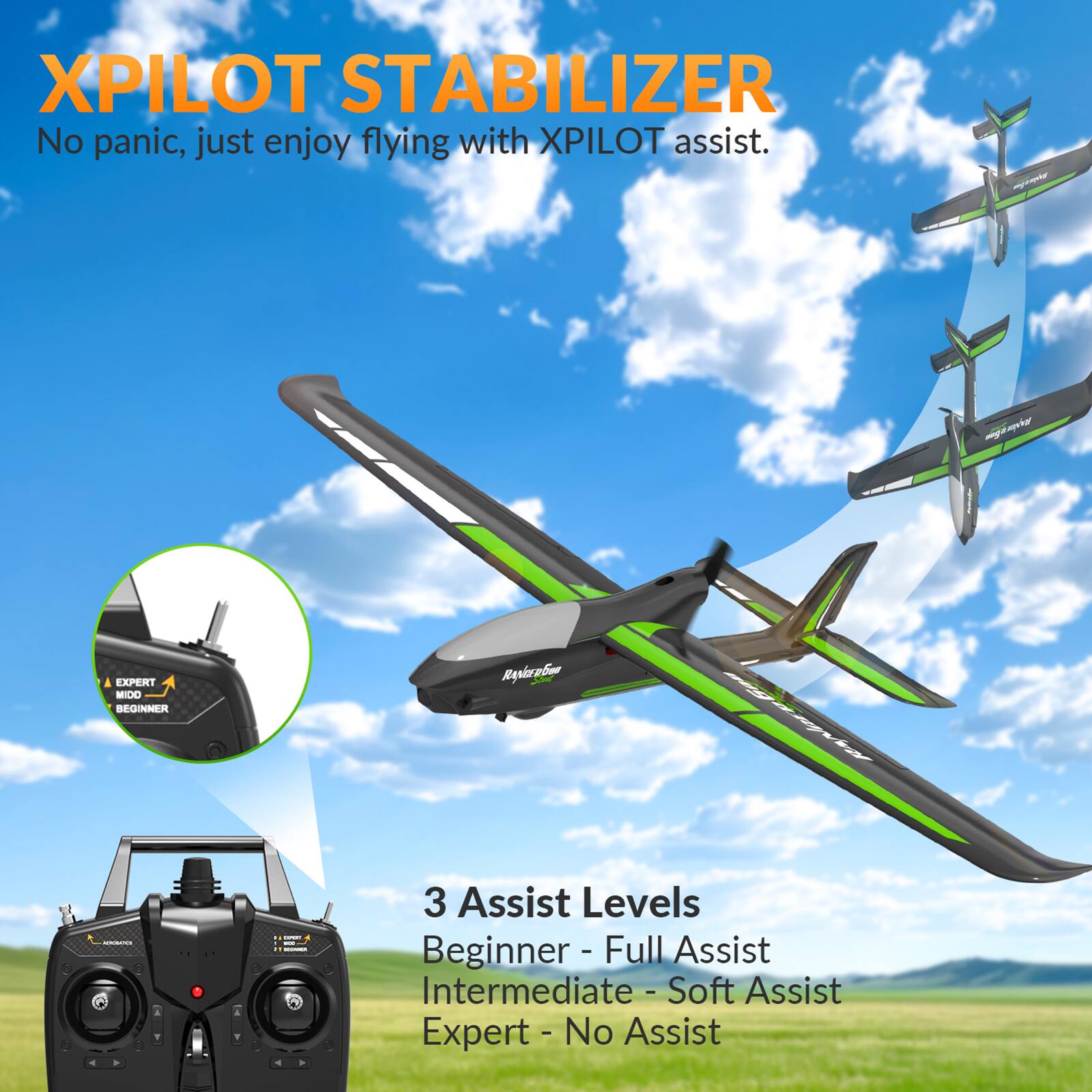 XPILOT STABILIZER  
No panic, just enjoy flying with XPILOT assist.  

H mimp EXPERT MIDO BEGINNER  

3 Assist Levels  
Beginner - Full Assist  
Intermediate - Soft Assist  
Expert - No Assist