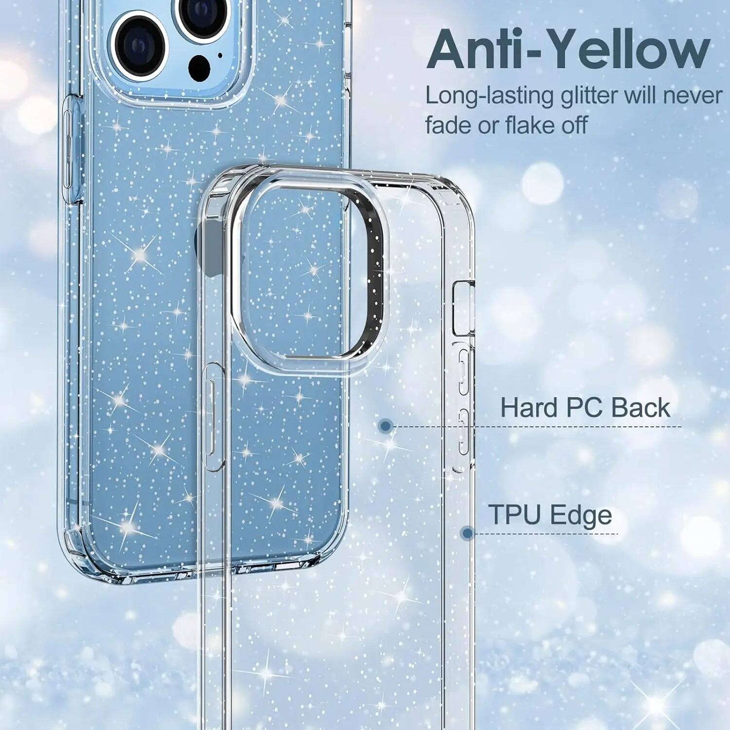 Anti-Yellow  
Long-lasting glitter will never fade or flake off  

Hard PC Back  
TPU Edge