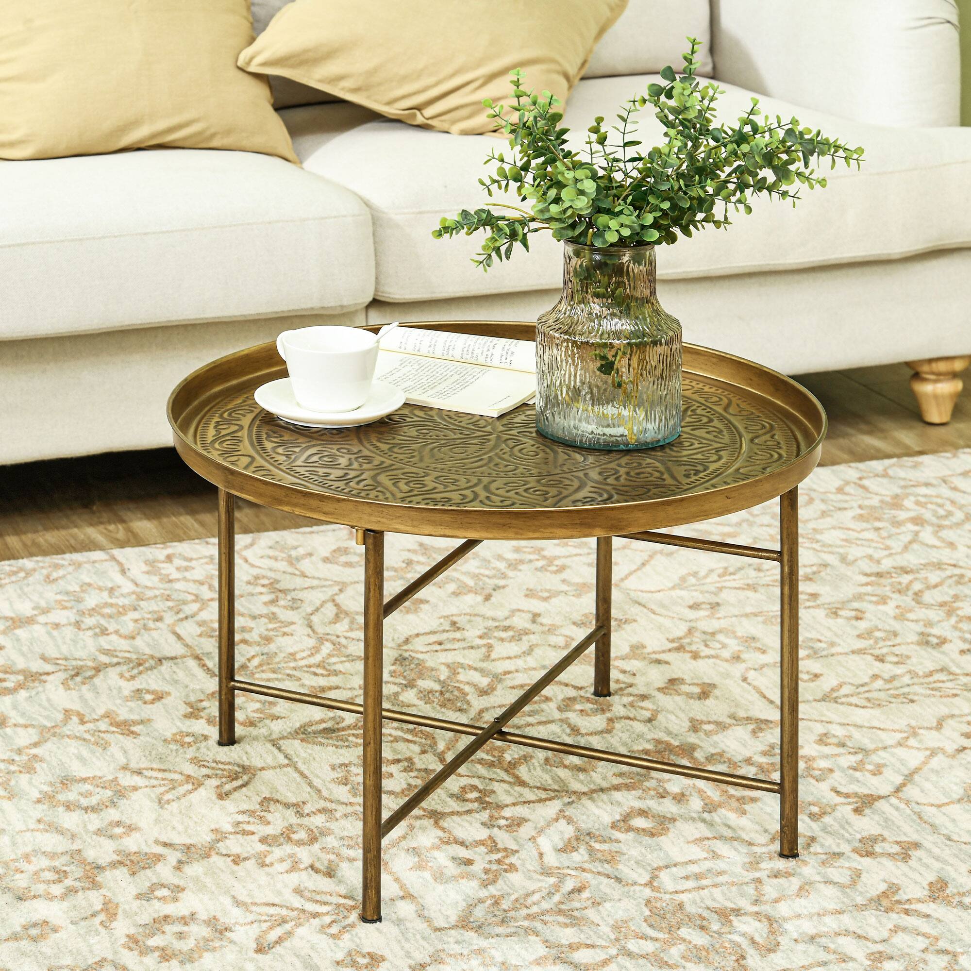 Alt View 1. Homcom - 24" Round Coffee Table w/ Hammered Tray Top, Vintage Metal Center Table for Living Room - Gold.