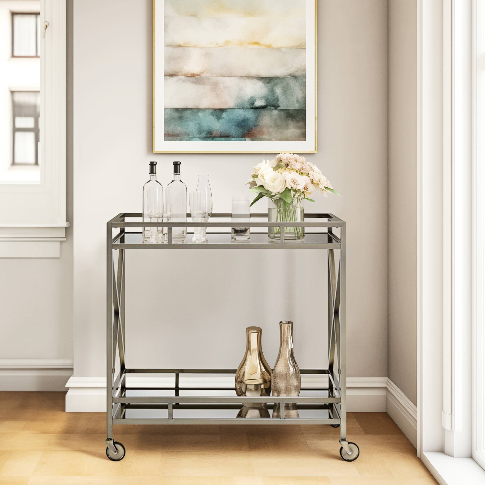 Front. APRILSOUL - Kristensen Mirrored and Antique Gold Finish Serving Cart - Antique Gold.