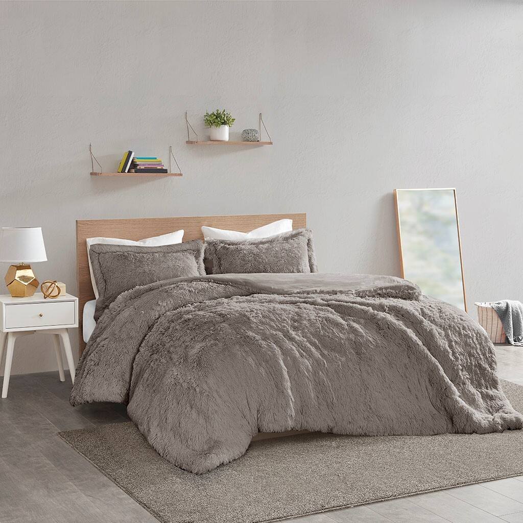 Alt View 1. Gracie Mills - Gracie Mills Susie Solid Shaggy Long Fur Duvet Cover Set - Grey.