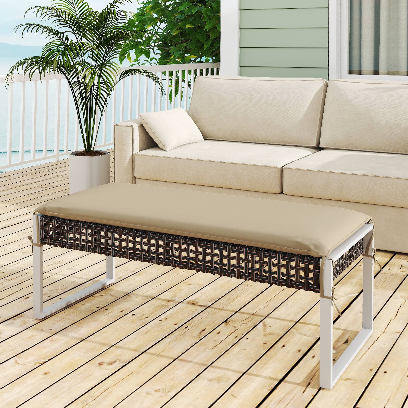 Alt View 4. Costway - Costway Outdoor Ottoman Bench Patio PE Rattan Footrest w/ Soft Cushion & Metal Frame - Brown,Beige.
