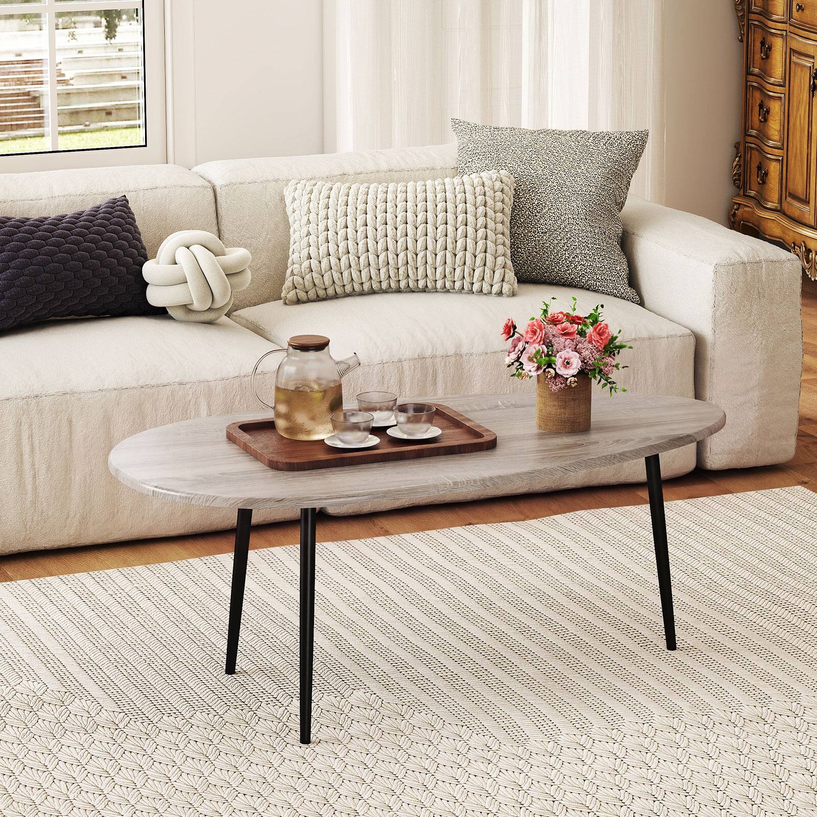 Alt View 4. Costway - Costway Oval Coffee Table, Mid Century Center Table with Sturdy Metal Construction for Home - Gray.