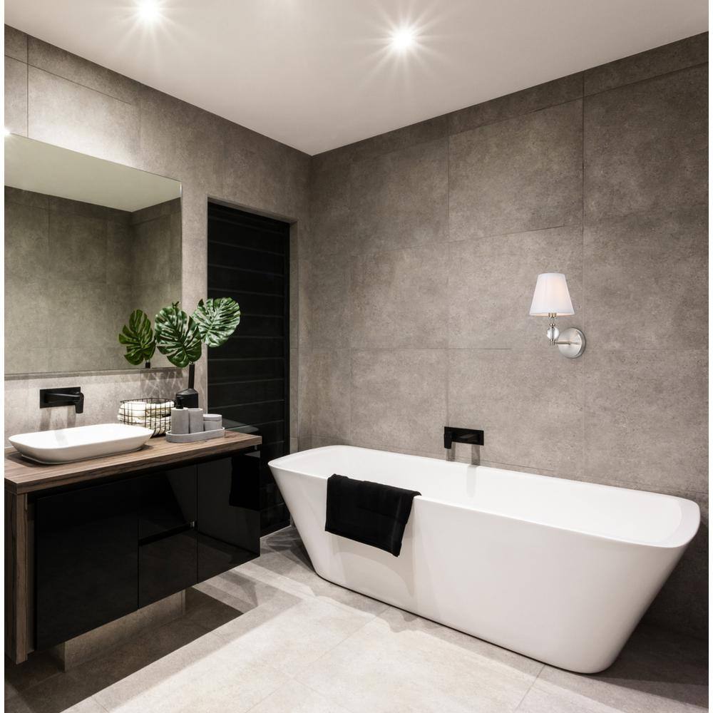 Angle. Living District - Bethany 1 light bath sconce in satin nickel with white fabric shade - Satin Nickel And White Fabric Shade.