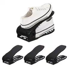 Front. Unique Bargains - Shoe Slot Organizer 4pcs, 10.2x3.9x7.1 Inch Shoe Stacker Double Layer 50% Space Saver for Storage Closet Rack - Black.