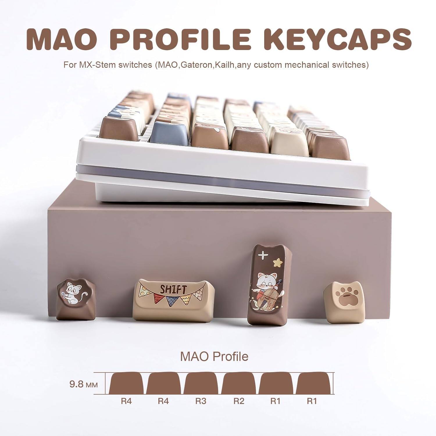 MAO Profile Keycaps for MX-Stem switches (MAQ, Gateron, Kailh, any custom mechanical switches) + Shift AO Profile 9.8 MM R4 R4 R3 R2 R1 R1