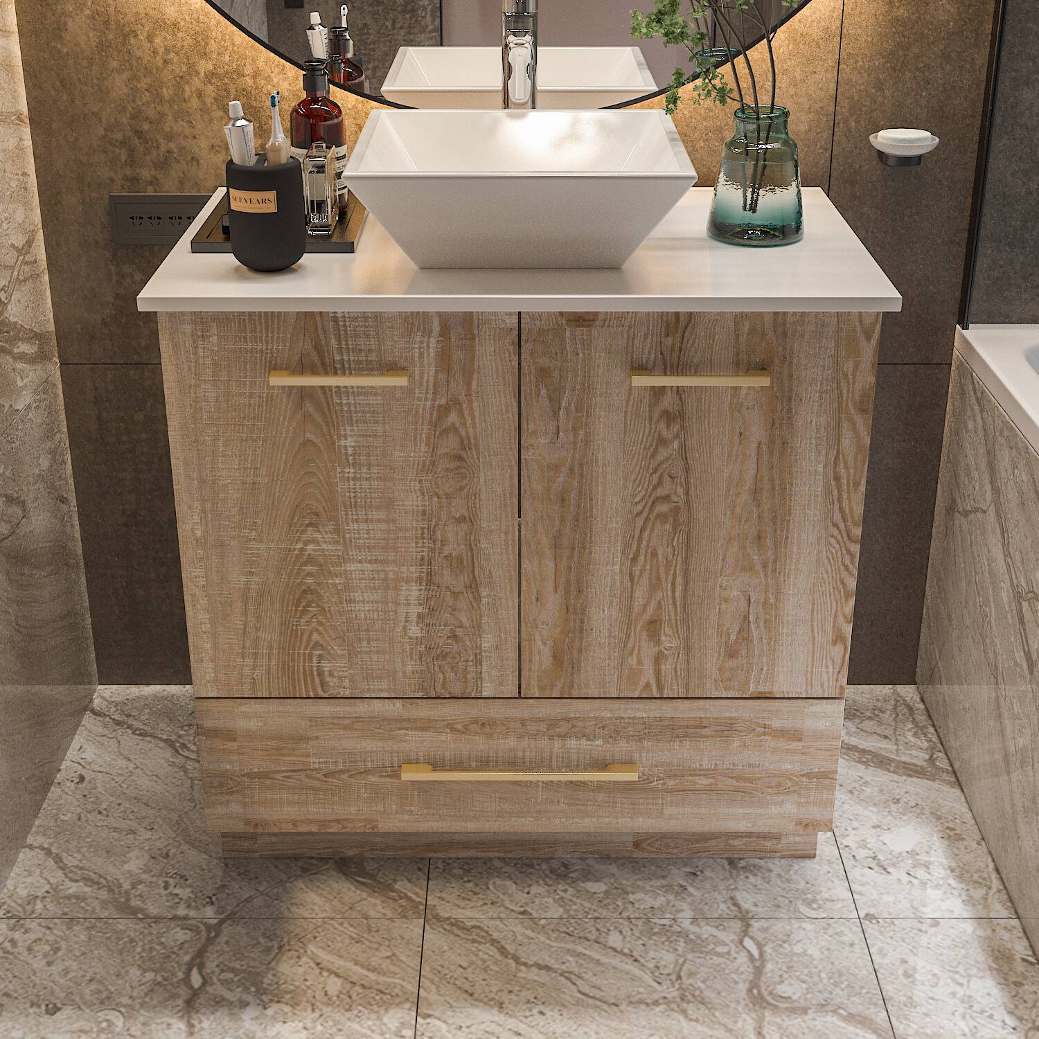 Alt View 10. Famapy - Bathroom Vanity with Ceramic Sink – Modern Natural Wood-Style Storage Cabinet with Drawers & Countertop Space - White & Wooden.