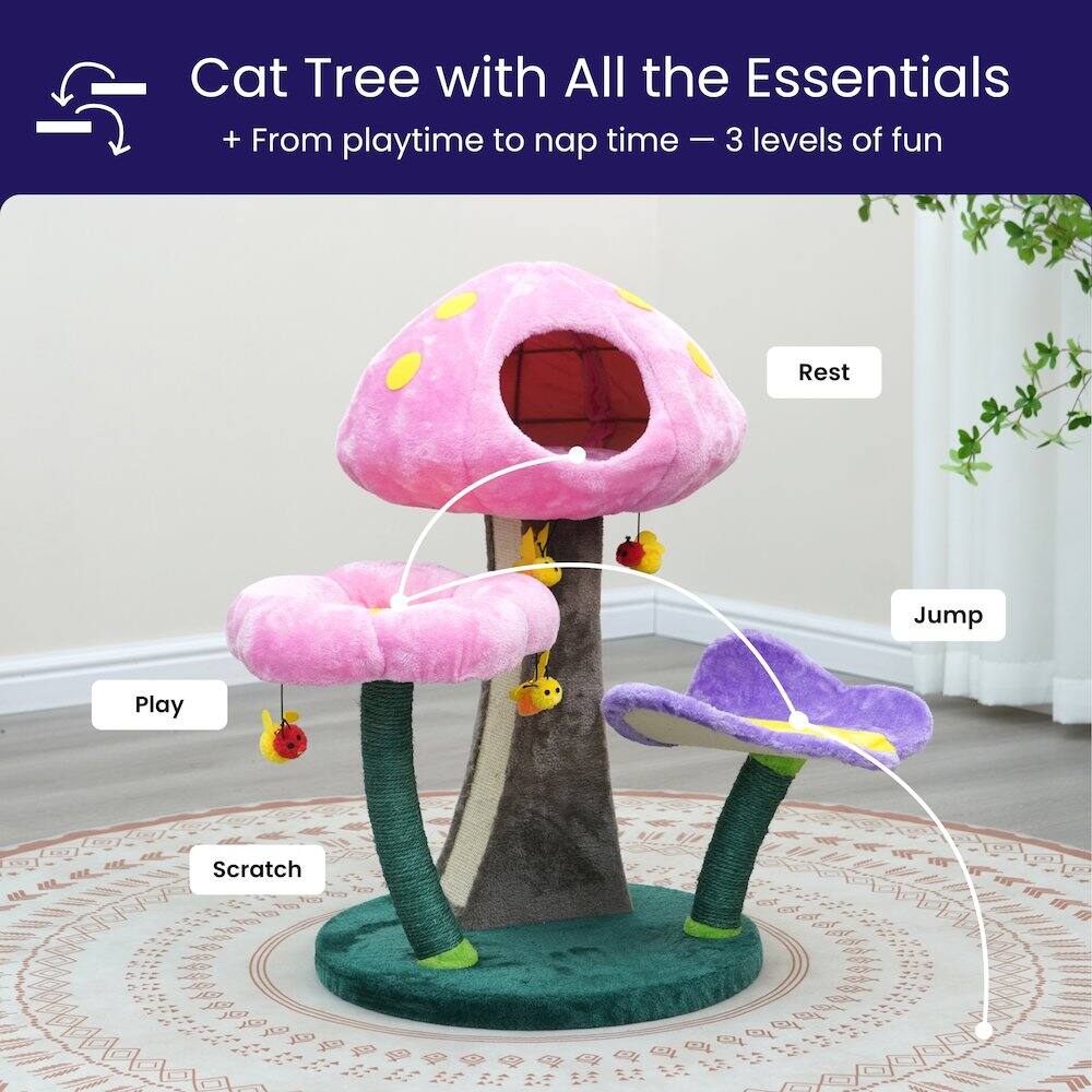 Cat Tree with All the Essentials  
+ From playtime to nap time – 3 levels of fun  

- Rest  
- Jump  
- Play  
- Scratch