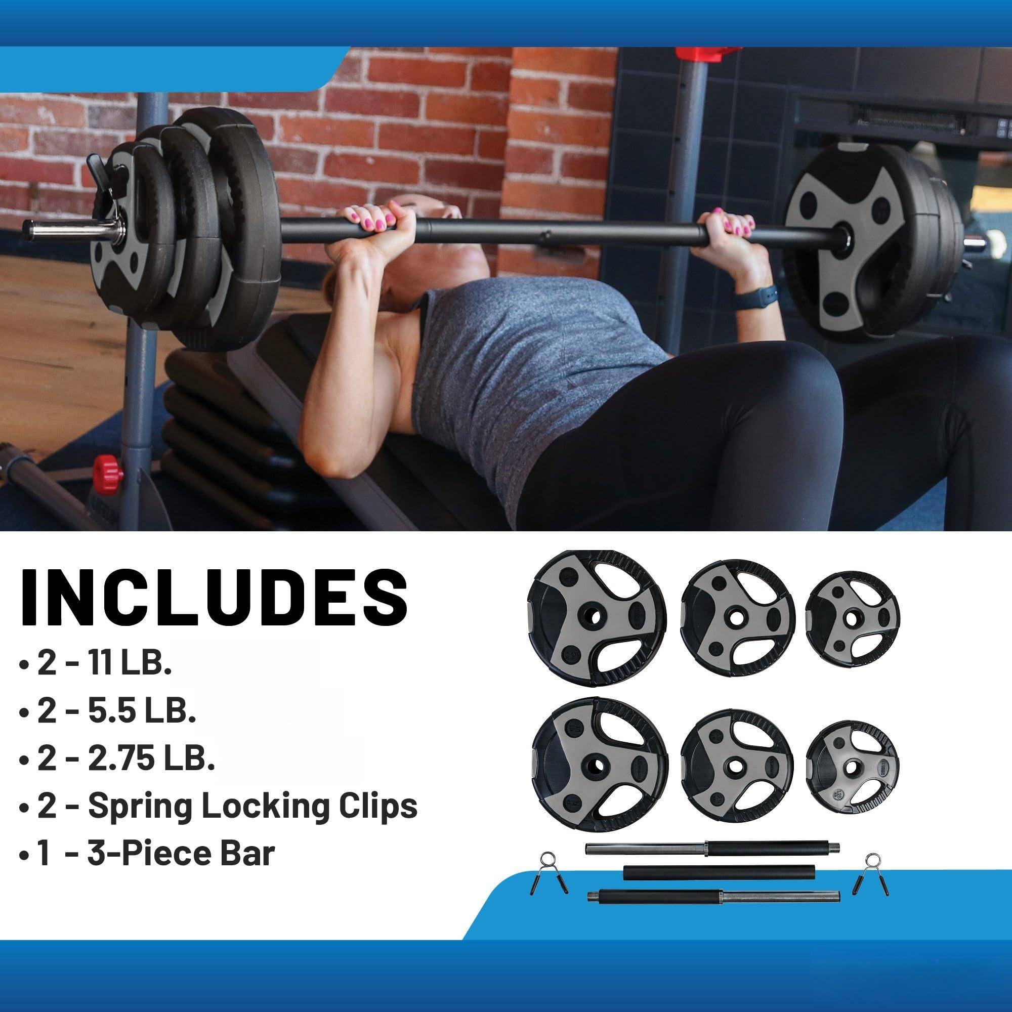 INCLUDES  
- 2 - 11 LB.  
- 2 - 5.5 LB.  
- 2 - 2.75 LB.  
- 2 - Spring Locking Clips  
- 1 - 3-Piece Bar