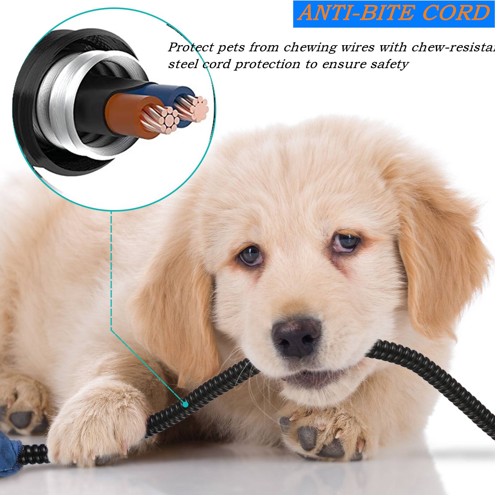 ANTI-BITE CORD

Protect pets from chewing wires with chew-resistant steel cord protection to ensure safety