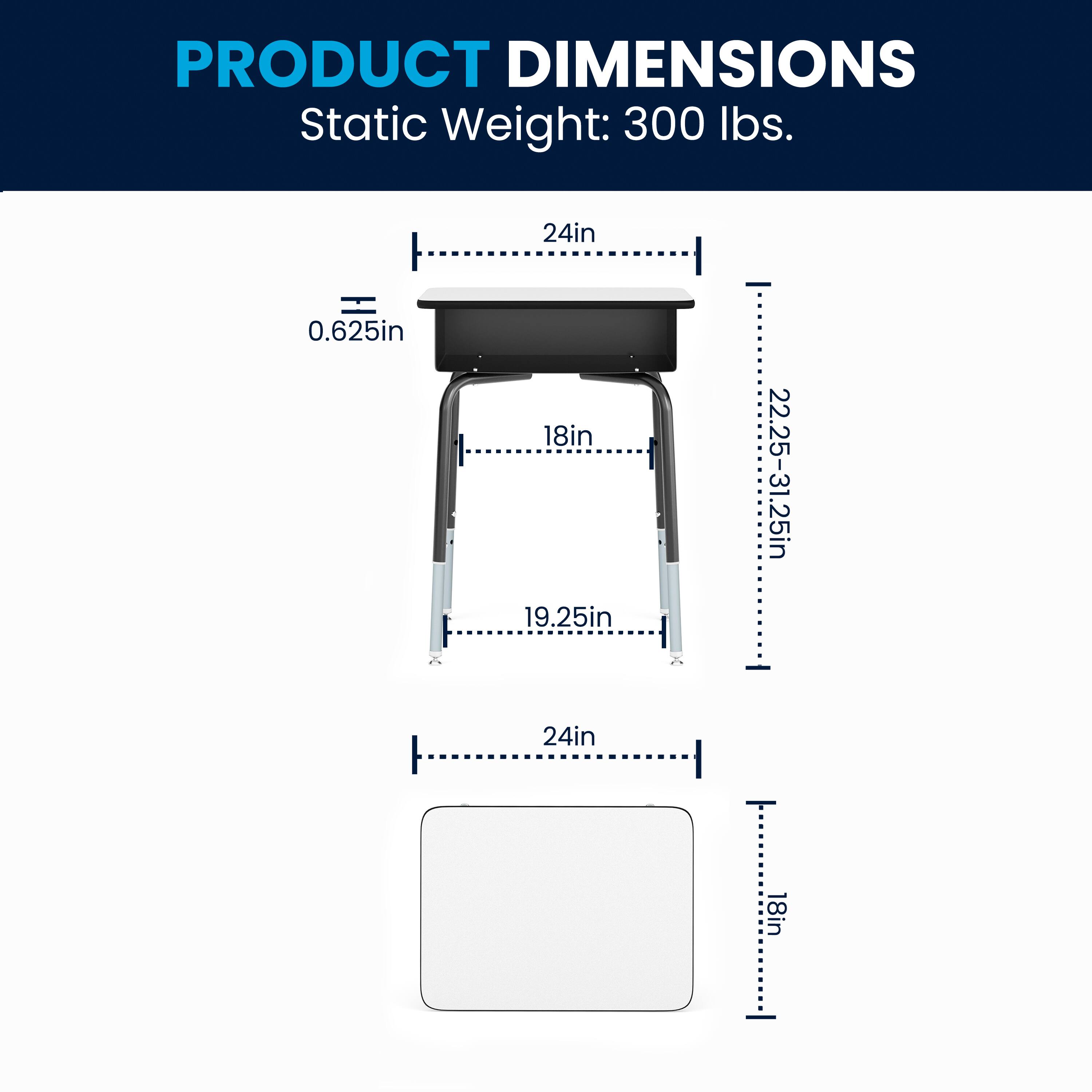 PRODUCT DIMENSIONS  
Static Weight: 300 lbs.  
24in x 0.625in x 18in x 19.25in x 22.25-31.25in x 24in x 18in