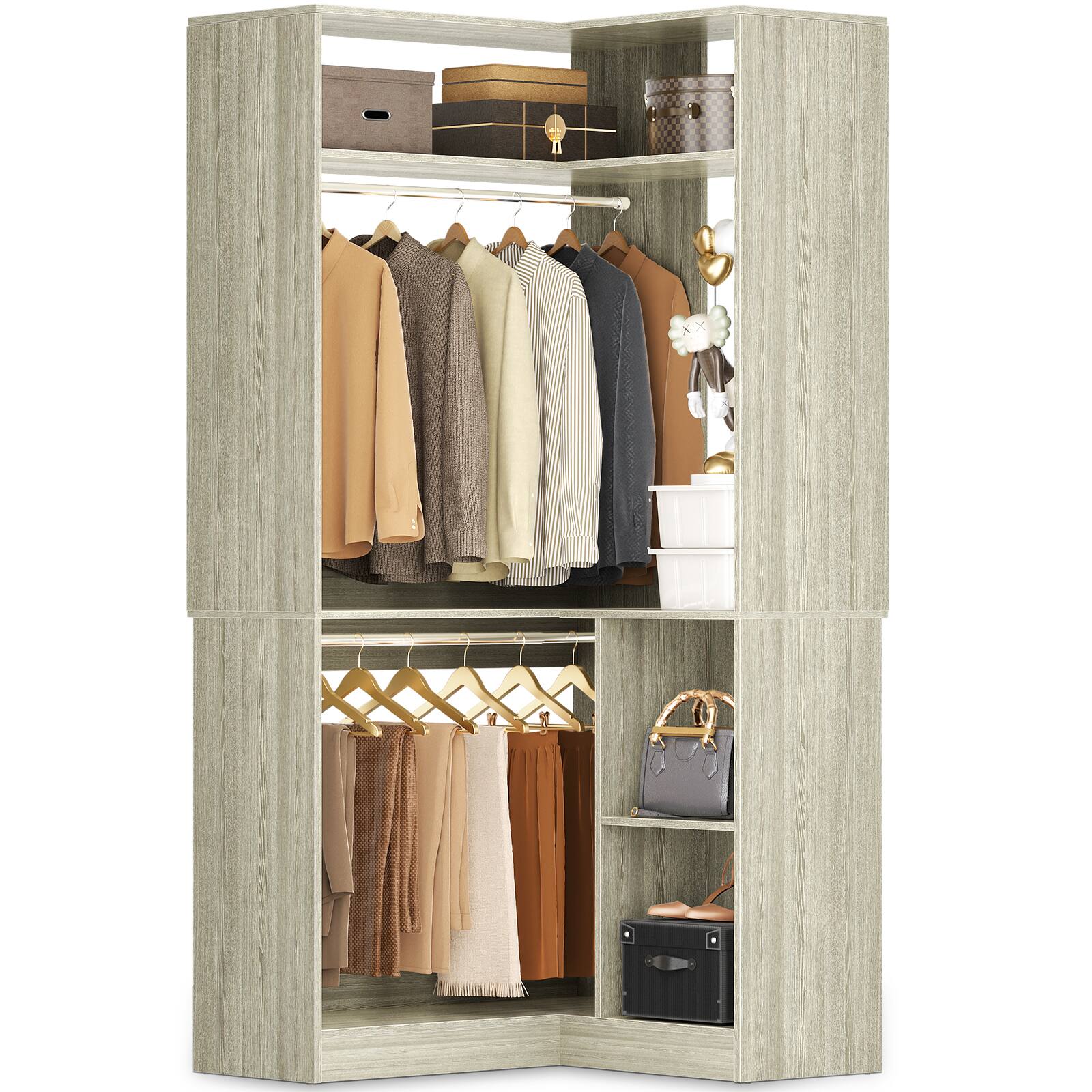 Alt View 2. Aheaplus - Corner Closet System with 2 Hanging Rods, 33.5'' L Shaped Closet Organizer with 6 Shelves for Clothing Storage - Beige Oak.
