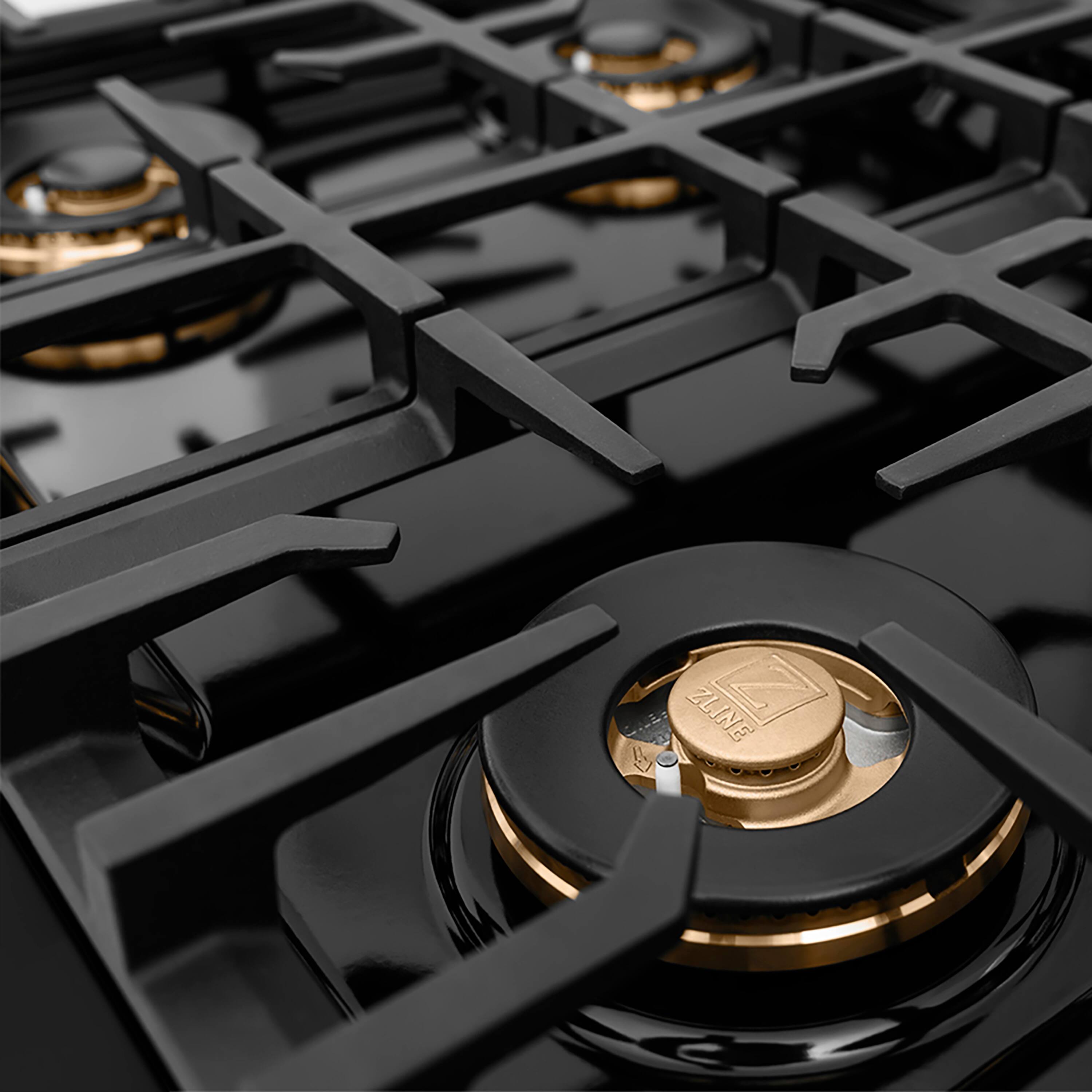 Left. ZLINE - ZLINE Autograph 30 in. Black Steel Classic Gas Cooktop with 4 DuoPro Burners and Bronze Accents (PCRTBZ-30-CB) - Black Stainless Steel.