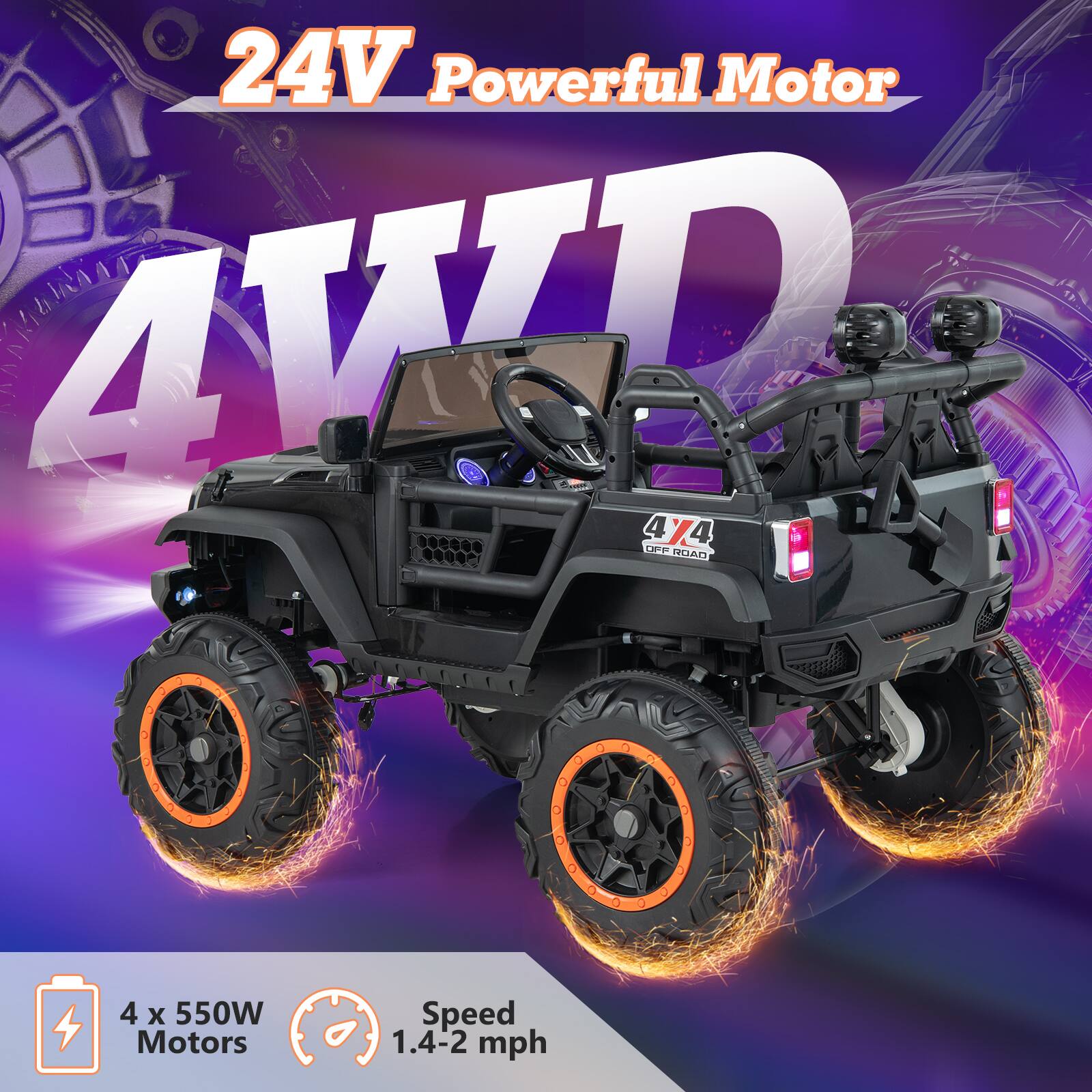 24V Powerful Motor  
4WD  

4 x 550W Motors  
Speed 1.4-2 mph