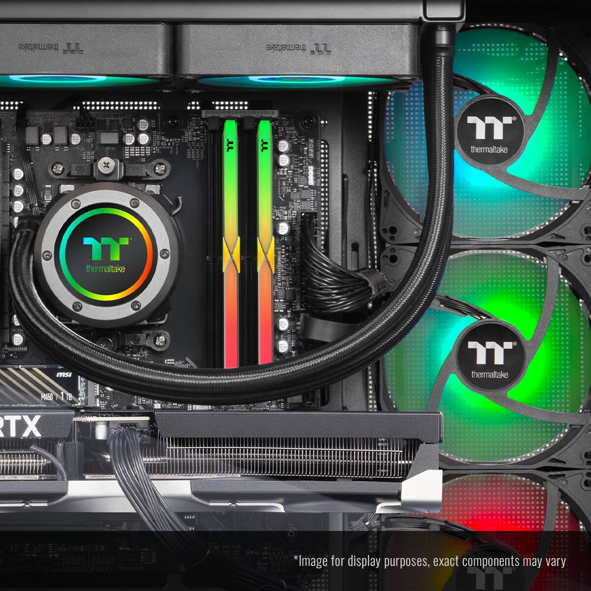 The image features a computer with a Thermaltake brand CPU cooler and fans. The computer is open, revealing the internal components, including a motherboard and a CPU. The fans are positioned on both sides of the computer, with one on the left and the other on the right. The Thermaltake logo is visible on the cooler and fans, indicating the brand's presence in the system.