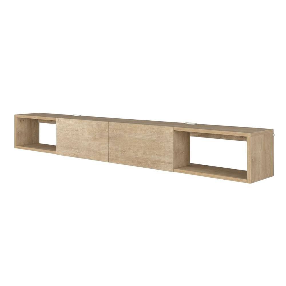 Front. FurniFact - Modern Oak Wall-Mounted TV Stand for 75 Inch Flat Screen with Engineered Wood - Beige.